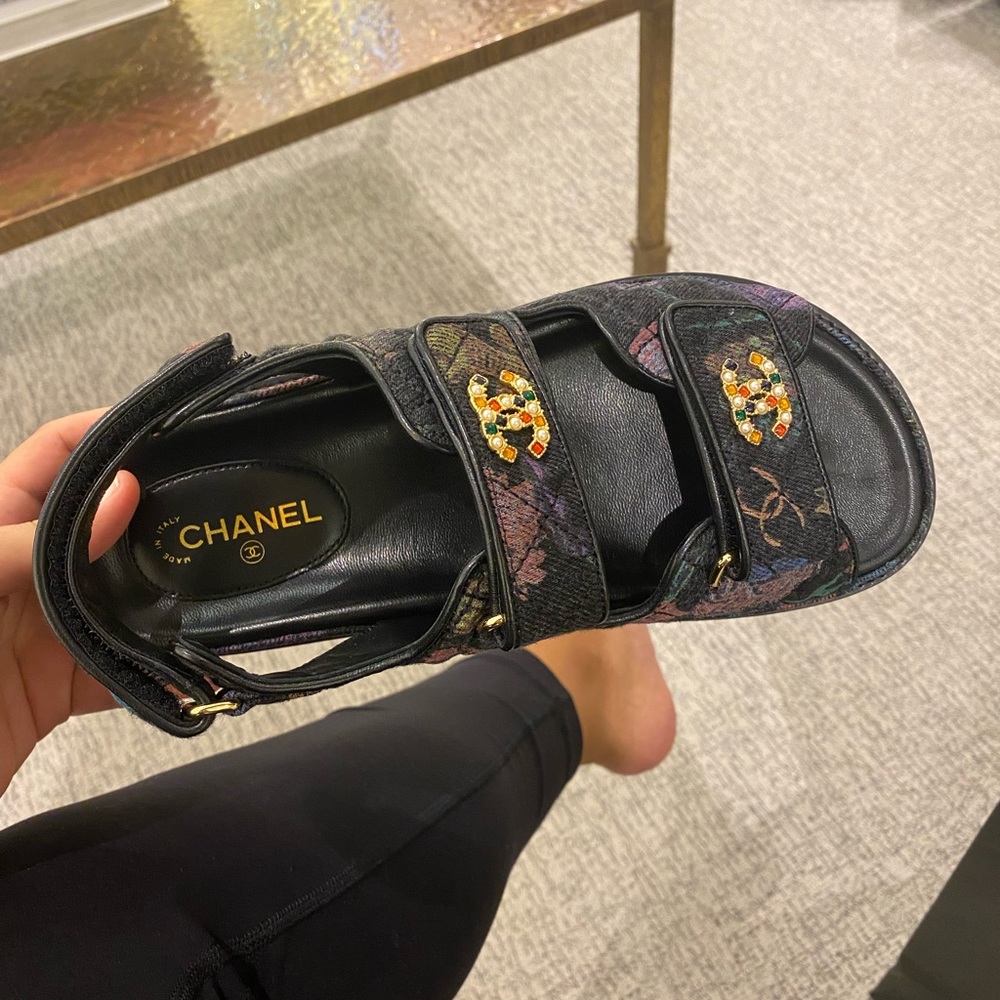 Chanel NIB 22 black denim quilted dad sandals